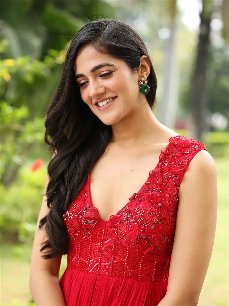 Telugu Actress Simran Choudhary in Red Dress at Atharva Movie Press Meet